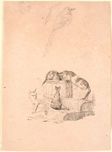 De katten. Bovenaan een potloodstudie van een kattenhoofd en twee eksters door Johan Thomas Lundbye