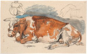 Liggende koe. Links boven een zittend boerenmeisje, rechts een kat die uit een paardenbloem drinkt door Johan Thomas Lundbye