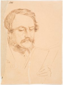 Portret van een man, frontaal, licht naar rechts gewend, lezend. door Johan Thomas Lundbye