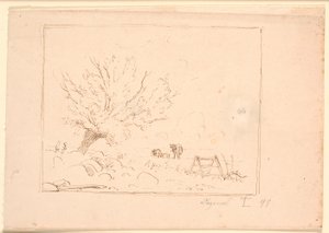 Landschap met een Wilgenboom bij Grote Stenen, een Haan, een Ploeg en Drie Koeien door Johan Thomas Lundbye