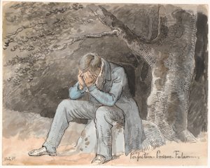 "Perfectum - Præsens - Futurum". Jonge man zittend onder een boom op een steen met handen voor het gezicht