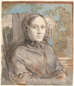 Portret van de moeder van de kunstenaar, kolonel Cathrine Lundbye (geboren Bonnevie); halve figuur zittend in stoel naar rechts door Johan Thomas Lundbye