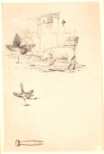 De ooievaar en het varken. Onder een studie van de ekster en een stuk gereedschap. Illustratie voor Kaalunds "Fabels voor kinderen". Zie opmerking uit het archiefcatalogus. door Johan Thomas Lundbye