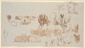 Studieblad. Studies van koeien, in het midden de melkkar met drie meisjes en een herder