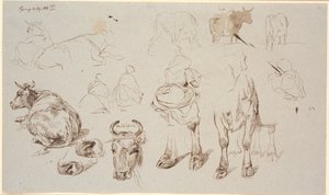 Studieblad van Vognserup. Bovenaan studies van koeien, in het midden 4 studies van melkmeisjes van achteren gezien door Johan Thomas Lundbye