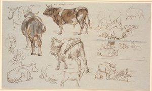 Studieblad van Vognserup. Studies van koeien, stieren en kalveren. Rechts twee landschapsstudies, de bovenste met liggende koeien, de onderste met melkscène door Johan Thomas Lundbye