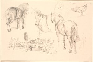 Studieblad met paarden, landbouwgereedschap en een kip op haar nest door Johan Thomas Lundbye