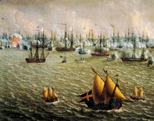Slag bij Skargard tussen Zweedse en Russische vloten vanwege Zweedse heerschappij over Finland, 10 juli 1790 door Johan Tietrich Schoultz