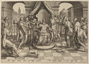 Mozes en Aaron voor de Farao door Johan Wierix, after Maarten van Cleef