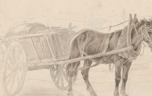 Een kar getrokken door een bruine paard bij een lantaarnpaal, Verso: Een groep bereden officieren, ca. 1815 door Johann Adam Klein