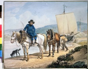 Paarden en wagen bij de rivier. door Johann Adam Klein
