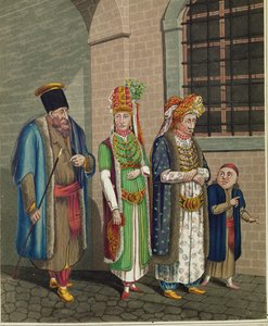Een familie Turkse joden, in hun typische klederdracht ...