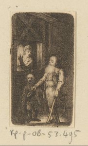 Kreupele oude bedelaar met jongen en vrouw voor venster door Johann Andreas Benjamin Nothnagel