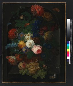 Een mand met bloemen en fruit door Johann Baptist Drechsler