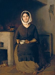 Zittende vrouw in een boerenkeuken