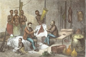 Dr. David Livingstone (1813-73) en Mr. Henry Morton Stanley (1841-1904) Ontvangen Kranten in Centraal-Afrika, gegraveerd door Pearson (later ingekleurd) door Johann Baptist Zweecker