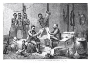 Dr. David Livingstone (1813-73) en Mr. Henry Morton Stanley (1841-1904) ontvangen kranten in Centraal-Afrika, gegraveerd door Pearson door Johann Baptist Zweecker