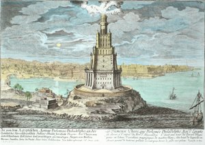 Vuurtoren van Alexandrië, gebouwd door Ptolemaeus de Grote, Egypte, uit Entwurf einer historischen Architektur, gegraveerd door Johann Adam Delsenbach, 1721 door Johann Bernhard Fischer von Erlach