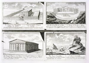 Zichten op vier klassieke gebouwen: De Tempel van Olympische Zeus, het Theater van Dionysus in Athene, de Tempel van Athena in Athene en een Tempel in Korinthe, uit Entwurf einer historischen Architektur door Johann Bernhard Fischer von Erlach