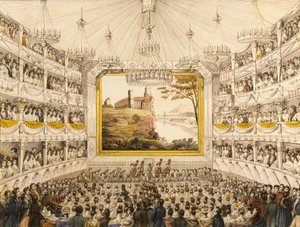 Oostenrijk, Wenen, Interieur van het Theater an der Wien, ingekleurde prent door J.C. Schoeller door Johann Christian (after) Schoeller