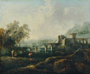 Ideaal landschap met rivier en brugruïne (De Morgen) door Johann Christian Brand