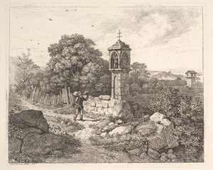 Een boer begroet het standbeeld van Maria