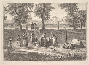 Buitenscène van vrouwen in huishoudelijke activiteiten in Neurenberg, 19e eeuw door Johann Christian Erhard
