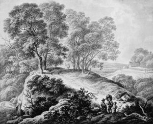 Landschap met figuren en weg tussen hoge bomen