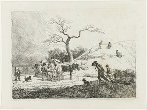 Winterlandschap met sleënde kinderen en verschillende treksleden door Johann Christian Klengel