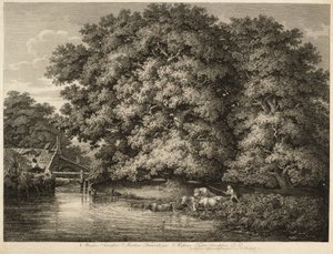 Een boer die zijn vee het water in drijft door Johann Christian Reinhart