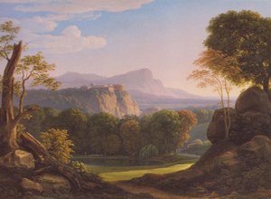 Duits: Italienische Landschaft mit Schloss auf einem Bergrücken Italiaans landschap met kasteel op een heuvelrug door Johann Christian Reinhart