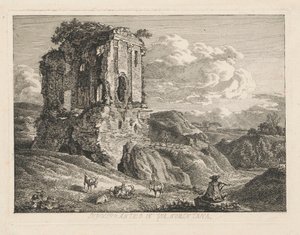 Landschap met een antieke graftombe; rechts geiten en een herder die op een fluit speelt door Johann Christian Reinhart