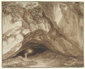 Rotsachtig landschap met jagers door Johann Christian Reinhart