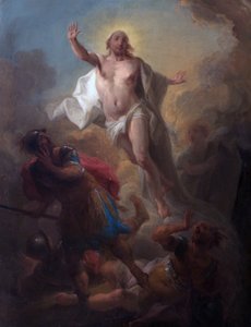 Christus verrijst uit het graf en Romeinse soldaten vluchten