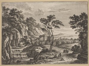 Landschap met Ruïnes en een Waterval door Johann Christoph Dietzsch