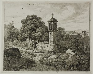 Boer Groet een Wegkapel van de Madonna, plaat één uit Die zwei grossen Landschaften mit den Betsäulen door Johann Christoph Erhard
