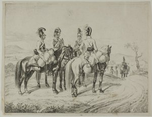 Vier kurassiers op een helling door Johann Christoph Erhard
