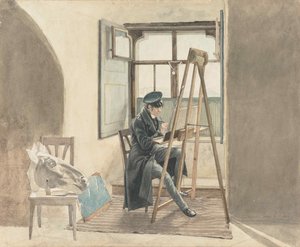 De schilder Johann Adam Klein voor zijn ezel