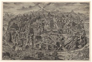 Overzichtskaart in vogelvlucht perspectief van Jeruzalem met voorstellingen van Christus