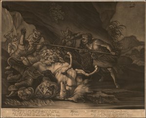 Ca. 1770 allegorische mezzotint van Afrika door Johann Elias Ridinger