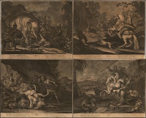 Ca. 1770 allegorische mezzotints van Afrika, Azië, Amerika en Europa op één pagina door Johann Elias Ridinger