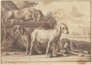 Vier jachthonden door Johann Elias Ridinger