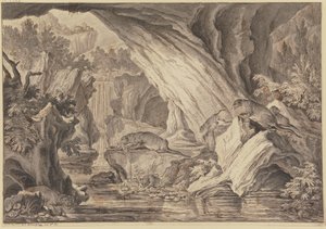 Zes otters in een rotshol bij het water door Johann Elias Ridinger