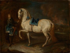 Stalmeester met wit paard door Johann Elias Ridinger