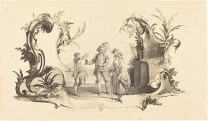 Moderne cartouche met een jong stel dat wijn krijgt geserveerd