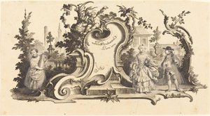 Cartouches Modernes versierd met verschillende Figuren (Plate VI-1 uit de set) door Johann Esaias Nilson