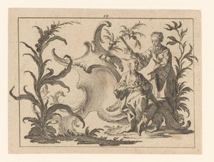 Chinees met kop en schotel gezeten in een rococo-ornament, naast hem staat een vrouw met waaier