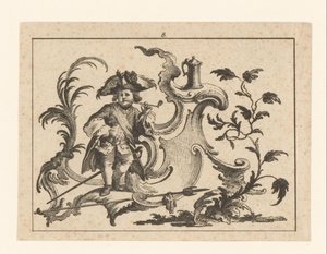 Pijprokende man leunt tegen een rococo-ornament