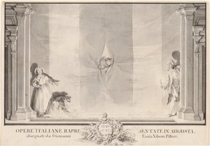 Twee Acteurs Gluren door een Theatergordijn terwijl Anderen de Voetlichten Voorbereiden door Johann Esaias Nilson