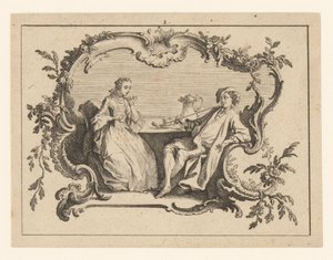 Vrouw en pijprokende man aan tafel in een cartouche